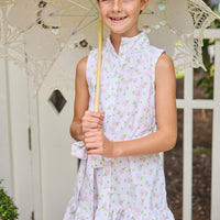 Little English traditional children's clothing.  Classic sleeveless button down dress in pink and green floral for older girls