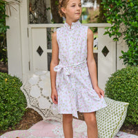 Little English traditional children's clothing.  Classic sleeveless button down dress in pink and green floral for older girls