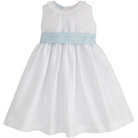 Little English girl's formal dress, white flower girl dress, sleeveless special occasion dress with removable blue bow sash