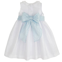 Little English girl's formal dress, white flower girl dress, sleeveless special occasion dress with removable blue bow sash