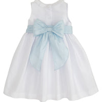 Little English girl's formal dress, white flower girl dress, sleeveless special occasion dress with removable blue bow sash