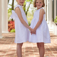 Little English classic childrens clothing tween girls white shift dress with ruffle neckline and bow in the back