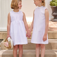 Little English classic childrens clothing tween girls white shift dress with ruffle neckline and bow in the back