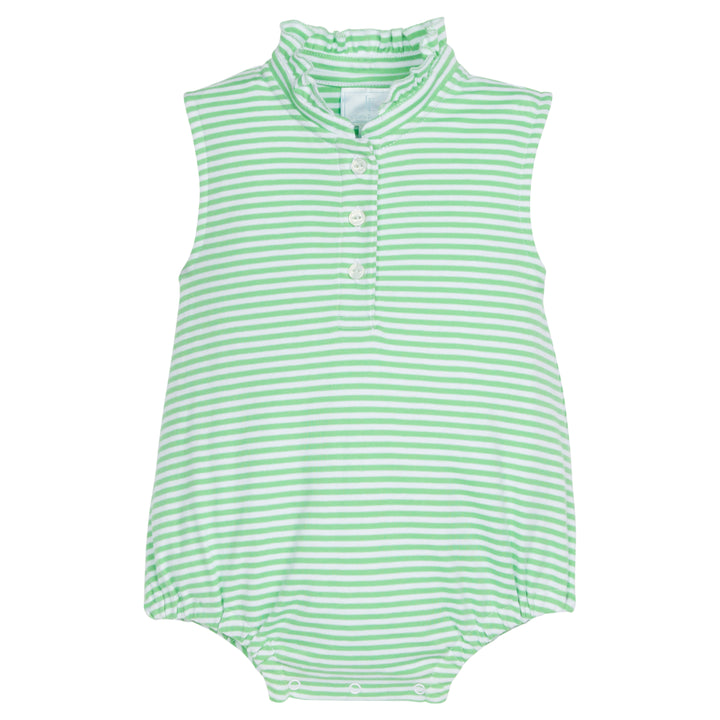 Little English classic children's clothing, girls bubble with ruffle collar in green and white stripes