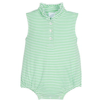 Little English classic children's clothing, girls bubble with ruffle collar in green and white stripes