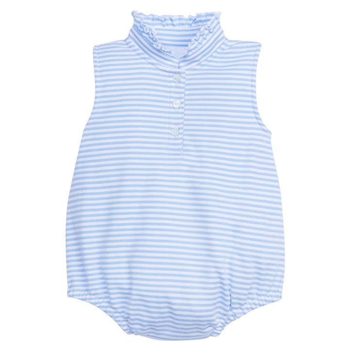 Little English classic children's clothing, baby girl knit bubble with ruffled collar in light blue and white stripes