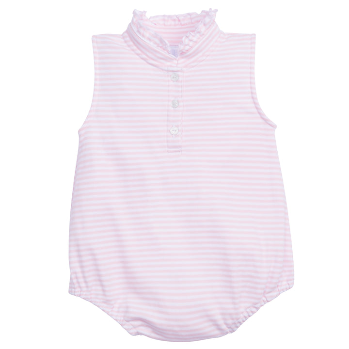 Little English classic children's clothing, baby girl knit bubble with ruffled collar in light pink and white stripes