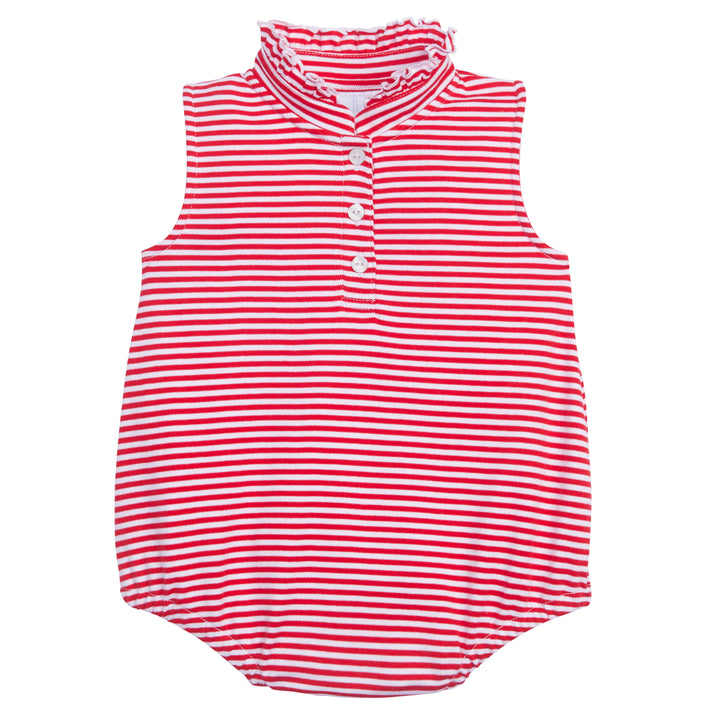 Little English classic children's clothing, baby girl knit bubble with ruffled collar in red and white stripes