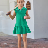 Little English traditional girl's dress for spring, sleeveless knit dress with drop waist in green with white piping