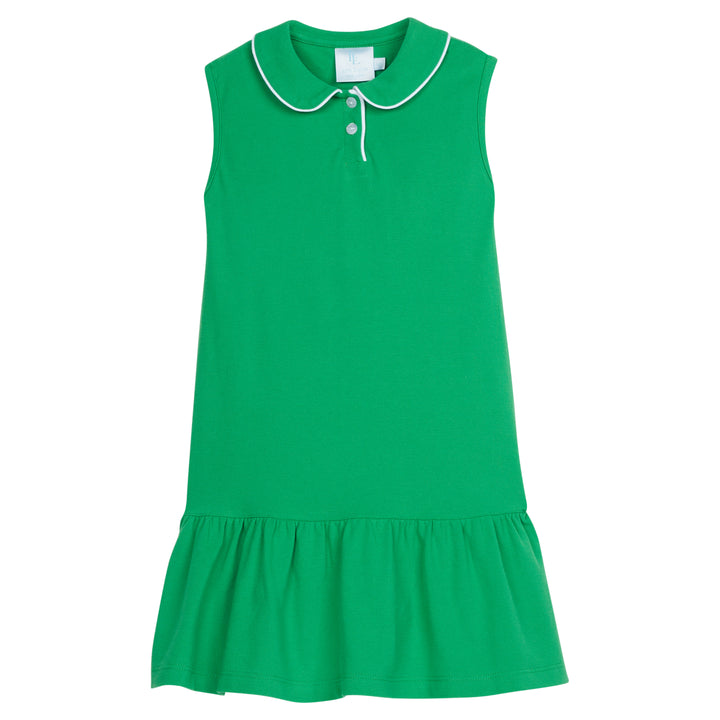 Little English traditional girl's dress for spring, sleeveless knit dress with drop waist in green with white piping