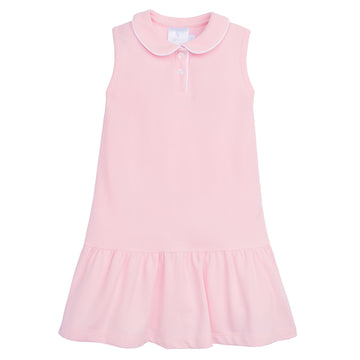 Little English traditional girl's dress for spring, sleeveless knit dress with drop waist in light pink with white piping