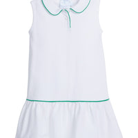 Little English traditional children's clothing.  White sleeveless polo dress with green trim for girls for Spring. White and green tennis dress for girls