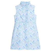 Little English traditional children's clothing.  Sleeveless ruffled placket dress in light blue for older girls with elastic waist and blue bird and cherry blossom print