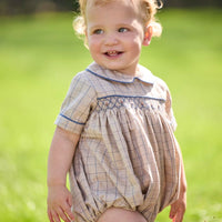 Little English classic children's clothing.  Smocked peter pan bubble in tan and blue Durham windowpane with blue piping for baby boys