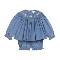 Little English classic children's clothing.  Long sleeve stormy blue corduroy set with flying mallard smocking around the collar for baby girls