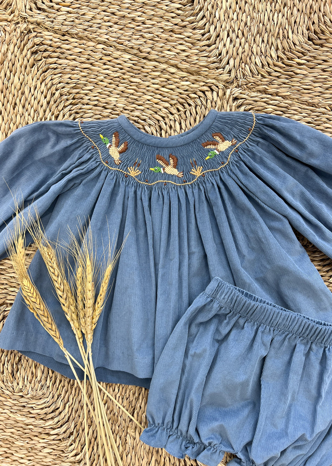 Little English smocked bloomer set with mallards in stormy blue corduroy, toddler girl&