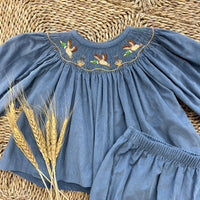 Little English smocked bloomer set with mallards in stormy blue corduroy, toddler girl's fall outfit
