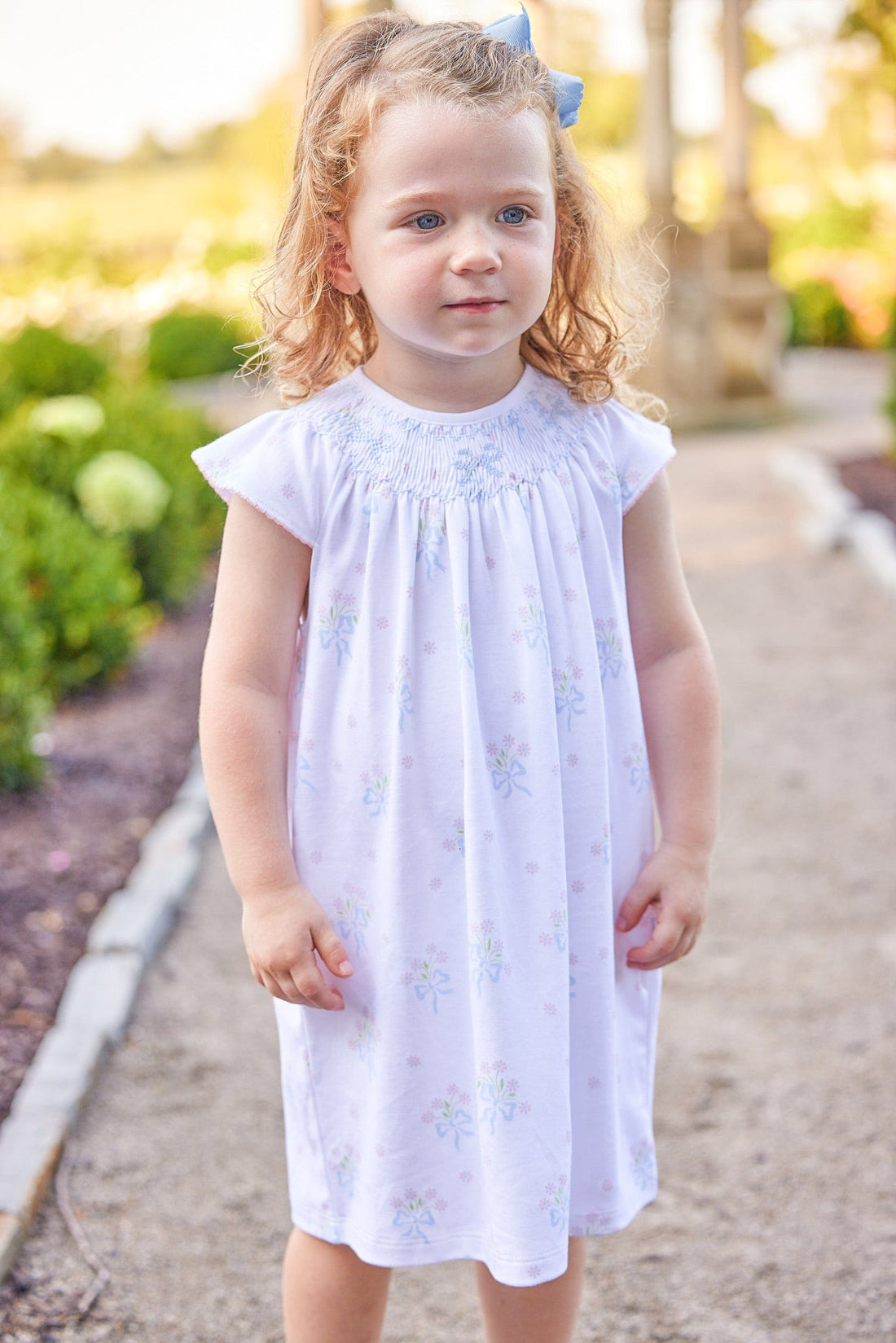 Girls Smocked Bishop Dress in Blue Bow Bouquet 9M Girls Smocked Bishop Dress in Blue Bow Bouquet 9M