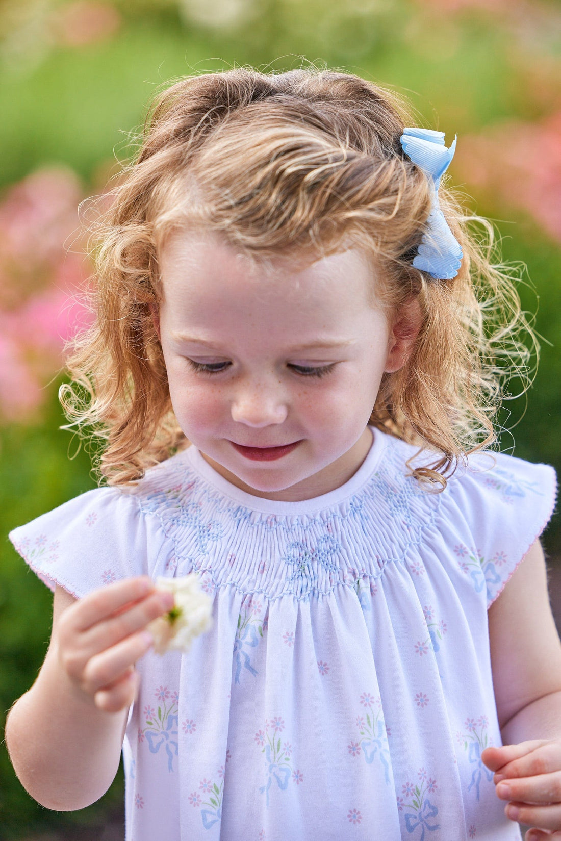 Girls Smocked Bishop Dress in Blue Bow Bouquet 9M Girls Smocked Bishop Dress in Blue Bow Bouquet 9M