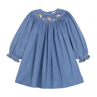 Little English traditional children's clothing.  Long sleeve stormy blue corduroy dress with flying mallard collar around the neckline for little girls.