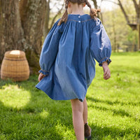 Little English traditional children's clothing.  Long sleeve stormy blue corduroy dress with flying mallard collar around the neckline for little girls.