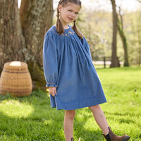 Little English traditional children's clothing.  Long sleeve stormy blue corduroy dress with flying mallard collar around the neckline for little girls.