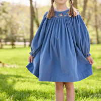 Little English traditional children's clothing.  Long sleeve stormy blue corduroy dress with flying mallard collar around the neckline for little girls.
