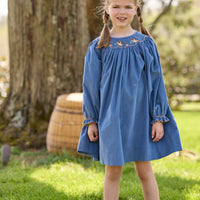 Little English traditional children's clothing.  Long sleeve stormy blue corduroy dress with flying mallard collar around the neckline for little girls.