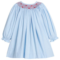 little english classic children's clothing light blue corduroy long sleeve dress with smocked neck and red heart embroidery for girls 