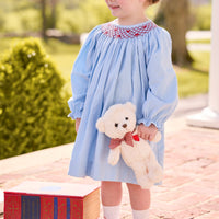 little english classic children's clothing light blue corduroy long sleeve dress with smocked neck and red heart embroidery for girls 