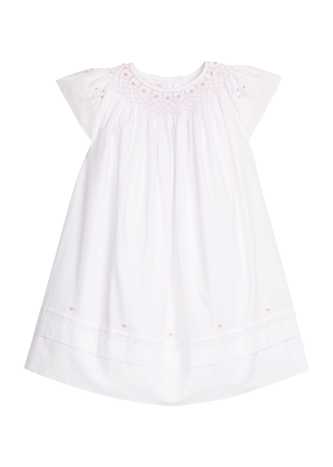 Little English classic smocked bishop dress in white with pink rose detailing around neckline smocking, sleeves, and bottom of dress, for little girl 