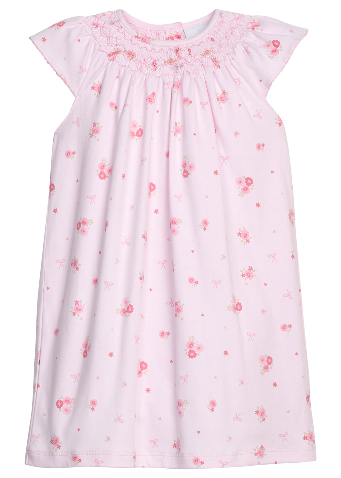 Little English classic smocked bishop dress in light pink with primrose floral motifs, smocking around neckline, for little girl 