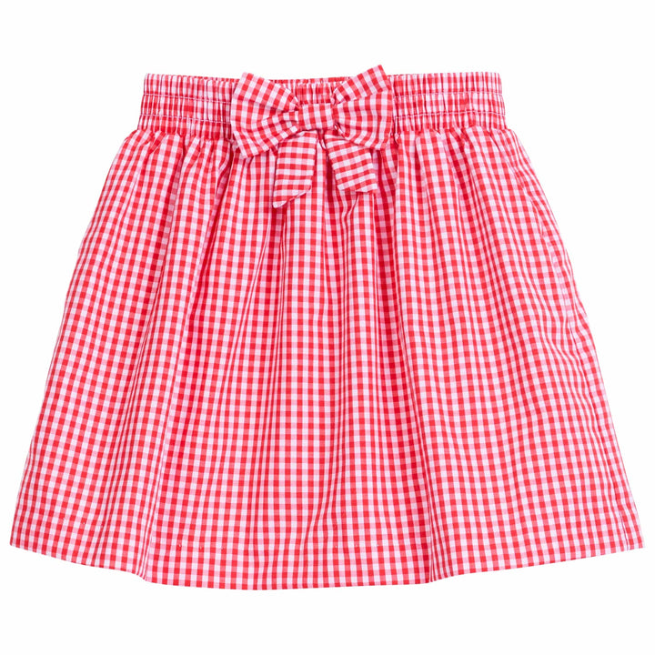 little english classic childrens clothing girls red gingham skirt with front bow and elastic waistband
