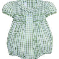 Little English traditional children's clothing, baby girl's classic light green plaid smocked bubble for Spring with puff sleeves and peter pan collar