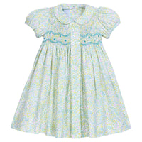 Little English traditional children's clothing.  Capped sleeve peter pan dress for little girls in aqua, green, and yellow florals