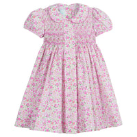 Little English traditional children's clothing, girl's classic light pink floral smocked dress for Spring with puff sleeves and peter pan collar 