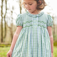 Little English traditional children's clothing, girl's classic light green plaid smocked dress for Spring with puff sleeves and peter pan collar