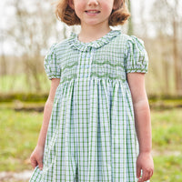 Little English traditional children's clothing, girl's classic light green plaid smocked dress for Spring with puff sleeves and peter pan collar