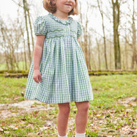 Little English traditional children's clothing, girl's classic light green plaid smocked dress for Spring with puff sleeves and peter pan collar