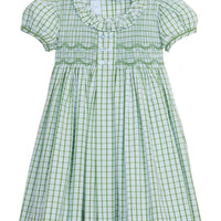 Little English traditional children's clothing, girl's classic light green plaid smocked dress for Spring with puff sleeves and peter pan collar