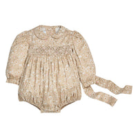 Little English traditional children's clothing. Long sleeve peter pa bubble in tan and white Camden floral with smocking at the chest for baby girls