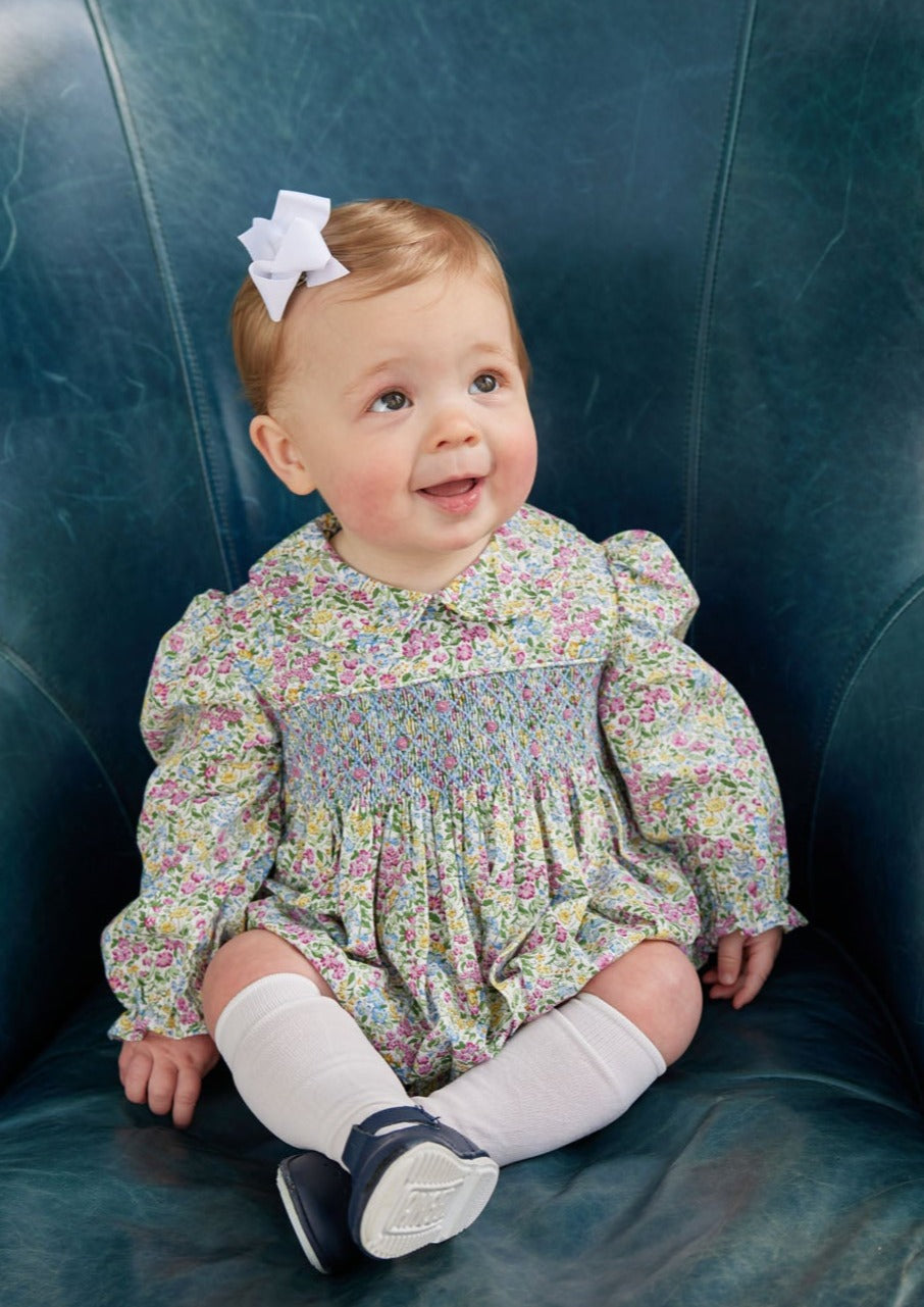 little english classic childrens clothing baby girls long sleeve floral bubble with blue smocking at chest and peter pan collar