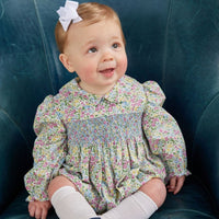 little english classic childrens clothing baby girls long sleeve floral bubble with blue smocking at chest and peter pan collar