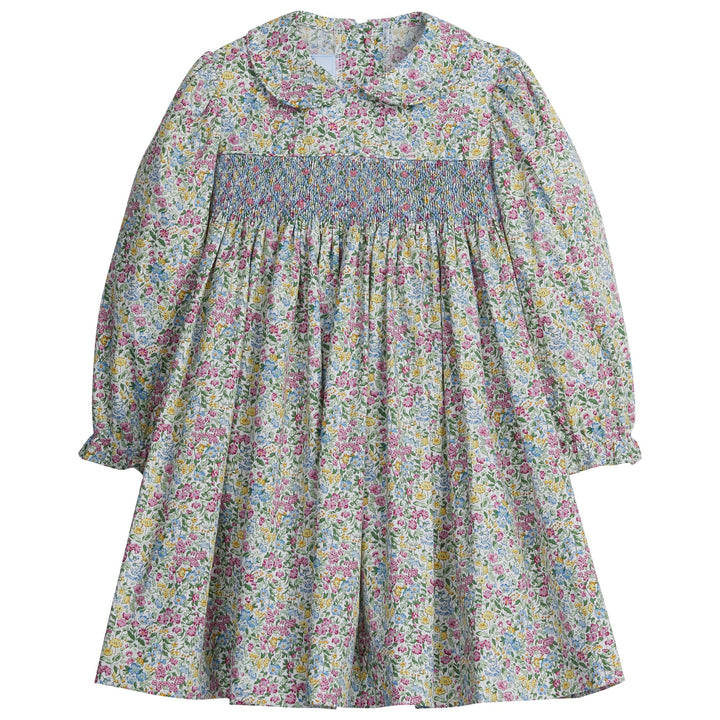 little english classic childrens clothing girls long sleeve floral dress with blue smocking at chest and peter pan collar