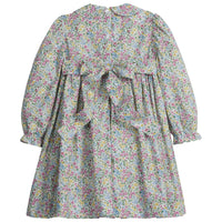 girls long sleeve floral dress with blue smocking at chest and peter pan collar