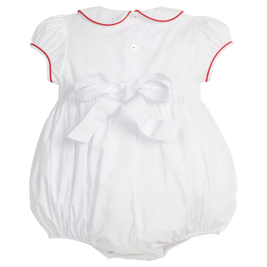little english classic children's clothing baby girls white bubble with red piping and bow in back for holiday 