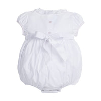 Little English traditional children's clothing.  Dressy white bubble with floral smocking  for baby girls for Spring.  Special occasion outfit for baby girl