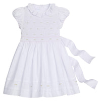 Little English traditional children's clothing.  Dressy white dress with floral smocking for little girls for Spring.  Special occasion outfit for toddler girl