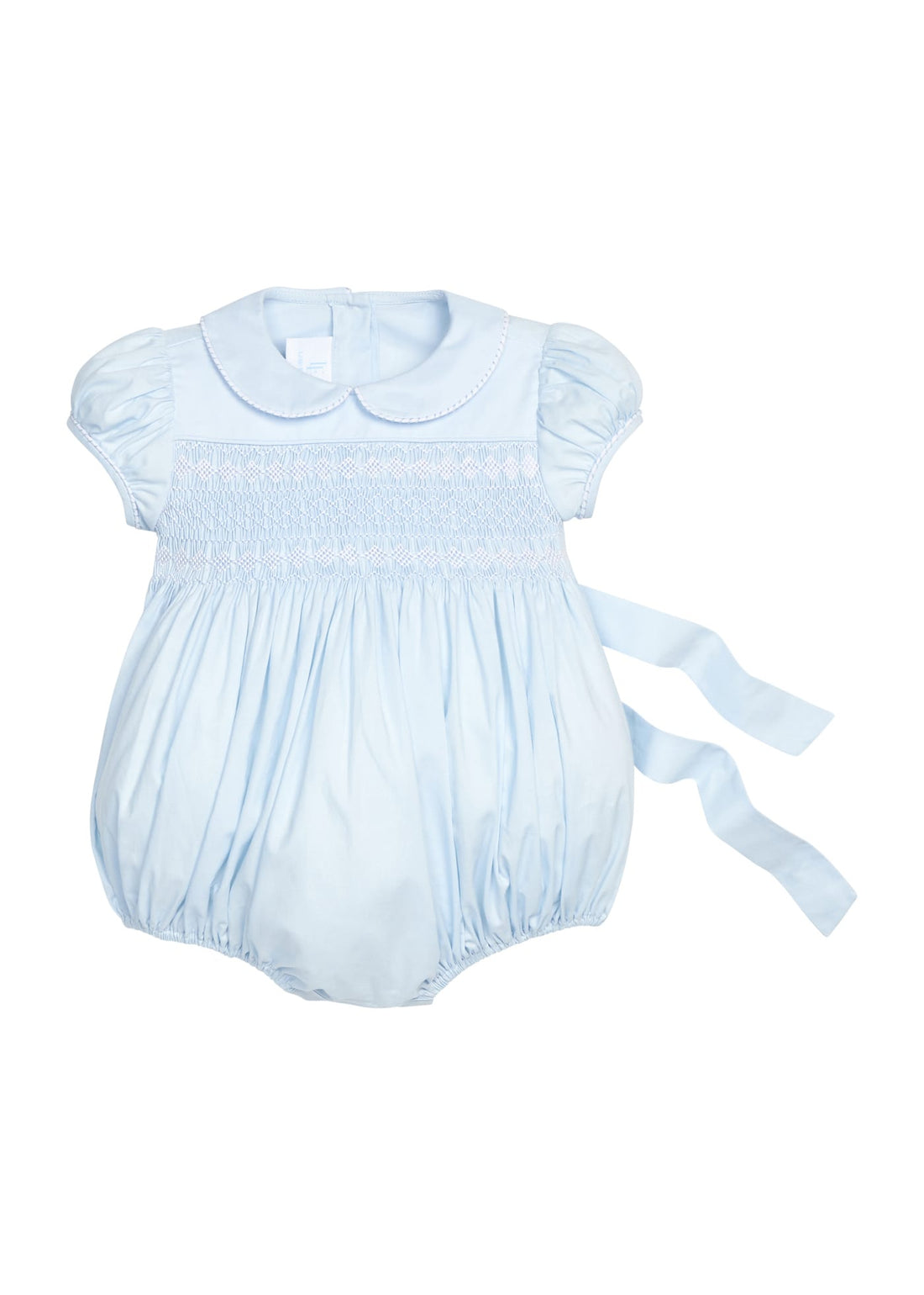 Little English classic smocked emery bubble in light blue with white detailing, smocking around chest, tieable in back, for little girl 
