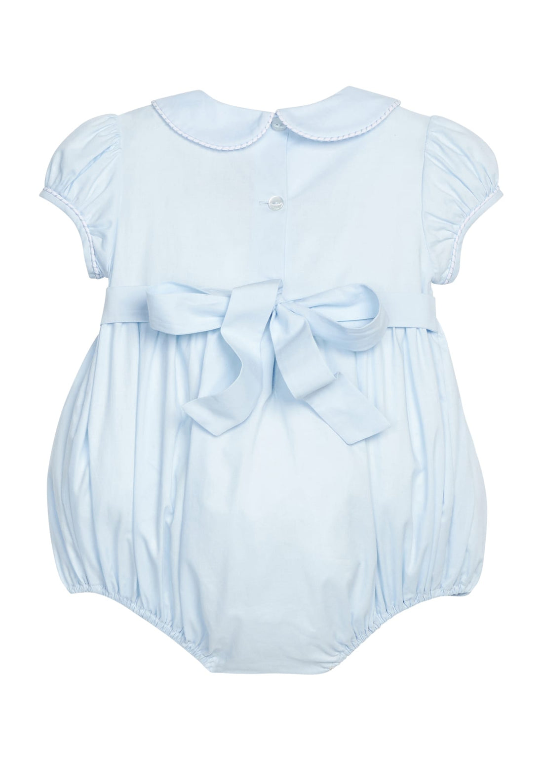 Little English classic smocked emery bubble in light blue with white detailing, smocking around chest, tieable in back, for little girl 